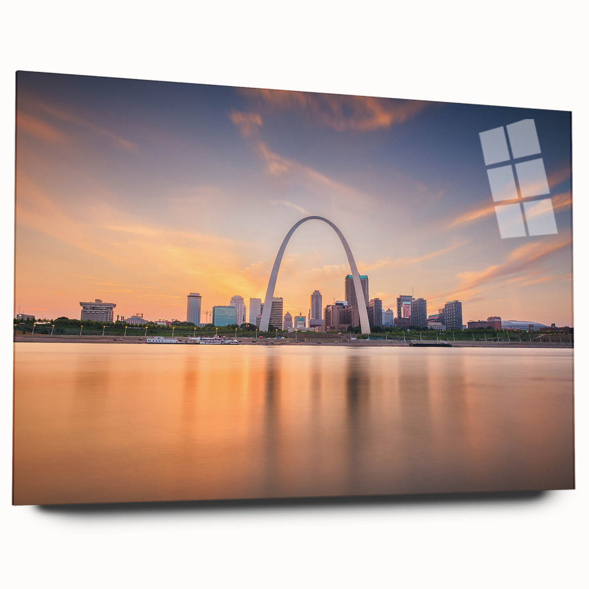 Acrylic print of a large abstract depiction of the Mississippi scenery, in muted earth tones.