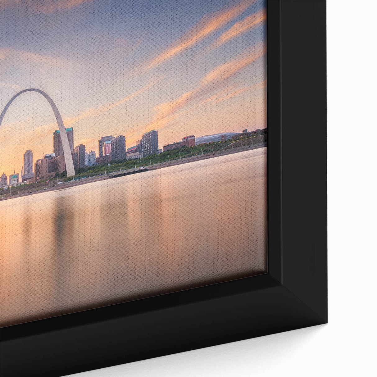 Framed canvas depicting a textured Mississippi river scene in black with colorful accents, ideal for living room decor.