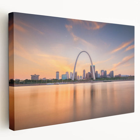Mississippi river landscape on large stretched canvas, featuring muted green and blue tones, ideal for kitchen wall art.