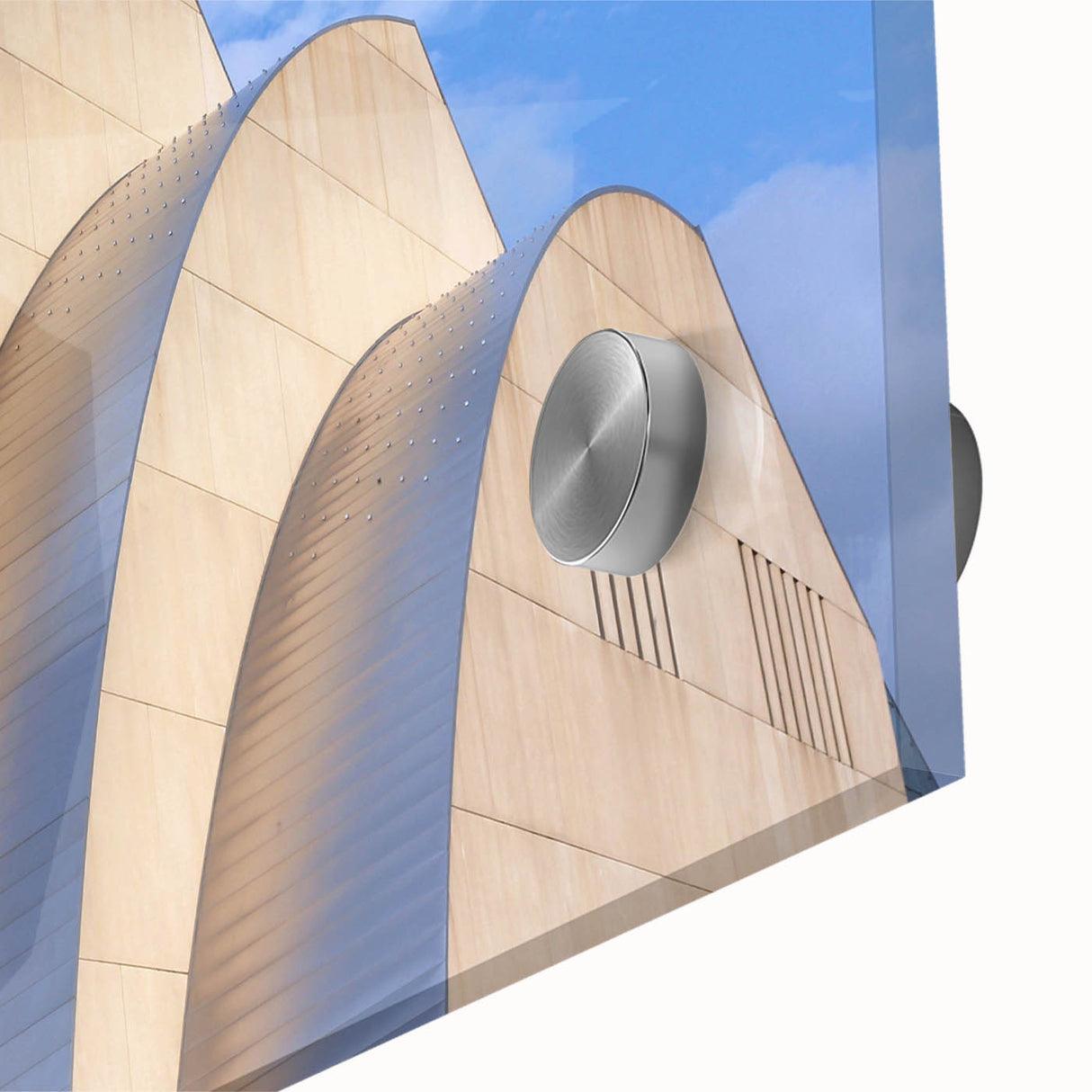 Large abstract wall art of Kansas City skyline in muted blue and gray tones on acrylic glass, ideal for dining room art.