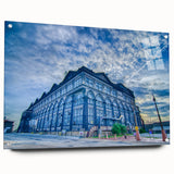 Acrylic print of St. Louis skyline in muted blues and grays, ideal for dining room decor.