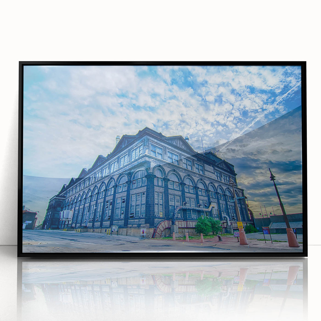 Large abstract wall art of St. Louis skyline in muted gray acrylic, framed in black, suitable for modern office decor.