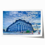 Extra large rolled print of St. Louis skyline in muted blue tones, ideal for classy bathroom wall art.