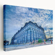 Stretched canvas showing the St. Louis skyline in muted gray and blue tones, ideal for kitchen wall art.