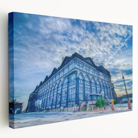 Stretched canvas showing the St. Louis skyline in muted gray and blue tones, ideal for kitchen wall art.