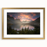 Extra large abstract art print of Glacier National Park in muted earth tones on a textured canvas, framed in gold.