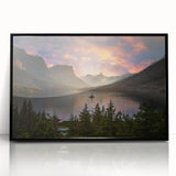 Large abstract wall art depicting a Montana glacier scene in muted blues and grays, framed in black acrylic.