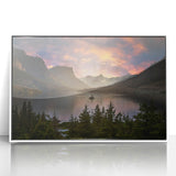 Acrylic print of Glacier National Park with muted blue and white tones, framed in white, suitable as modern art wall decor.