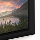 Vintage poster art of Glacier National Park on a framed canvas, featuring muted earth tones, ideal for living room decor.