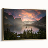 Framed canvas landscape art painting depicting Glacier National Park with vivid blue and green tones.