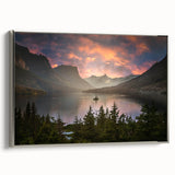 Extra large black wall art depicting Glacier National Park on a textured canvas, framed in silver.