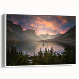 Framed canvas wall art depicting a vintage-style Montana Glacier landscape in muted earth tones, ideal for bedroom decor.