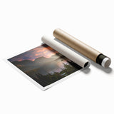 Extra large rolled print of Glacier National Park with soft pastel floral foreground, ideal for classy bathroom wall art.