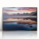 Mid-century modernist art depicting a Montana landscape in muted earth tones on a silver-framed acrylic print.