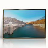Framed acrylic print of Hoover Dam in muted earth tones, ideal for modern art wall decor.