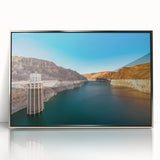Mid-century modernist art of Hoover Dam in muted gray and blue tones on a framed acrylic print.