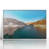 Art deco poster of Hoover Dam in muted gray and blue tones on framed acrylic, ideal for modern art wall decor.