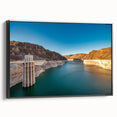 Black and white framed canvas of Hoover Dam landscape, vintage poster style, ideal for bedroom decor.