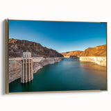Framed canvas depicting Hoover Dam in a vintage poster style with a gold color palette, ideal for bedroom wall art.