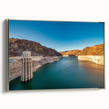 Landscape art painting of Hoover Dam in muted black and silver tones on a framed canvas, ideal for office decor.