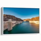 Vintage poster art of Hoover Dam in vibrant colors on a large framed canvas, ideal for living room decor.