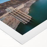 Art deco poster of Hoover Dam in muted gray and blue tones on rolled canvas, suitable for dining room or bathroom placement.