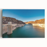 Black and white stretched canvas of Hoover Dam, ideal for kitchen wall art in a minimalist style.