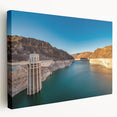 Side view of Hoover Dam depicted in a large, stretched canvas with muted earth tones, suitable for kitchen wall art.