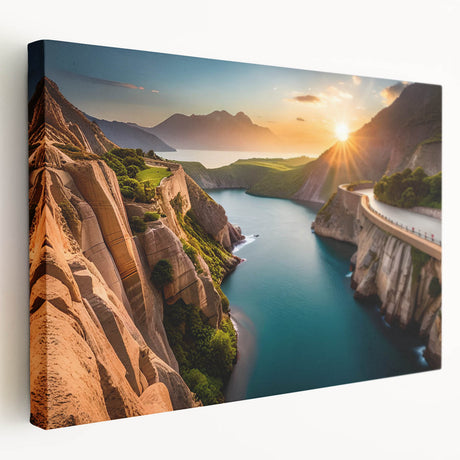 Large art depicting Lake Mead, Nevada, in muted blue and green tones on stretched canvas, ideal for kitchen wall art.