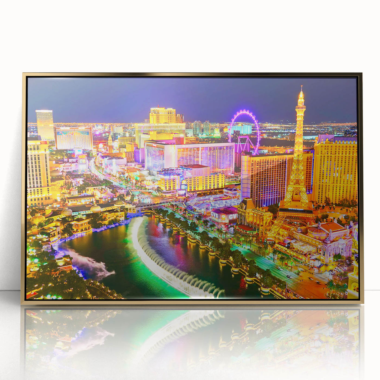 Mid-century modernist Las Vegas skyline in gold and black tones on a framed acrylic, suitable for modern art wall decor.