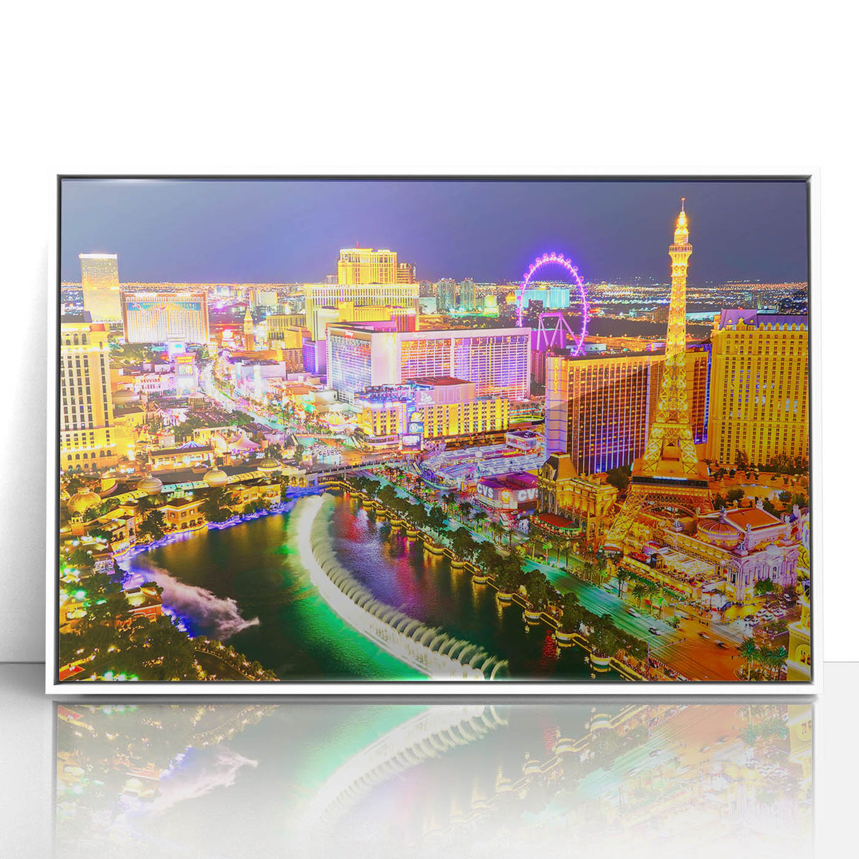 Art Deco style poster of Las Vegas skyline in black and white on framed acrylic, suitable for modern art wall decor.