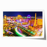 Rolled print of Las Vegas scenery in vibrant twilight hues, ideal for art wall dining room.
