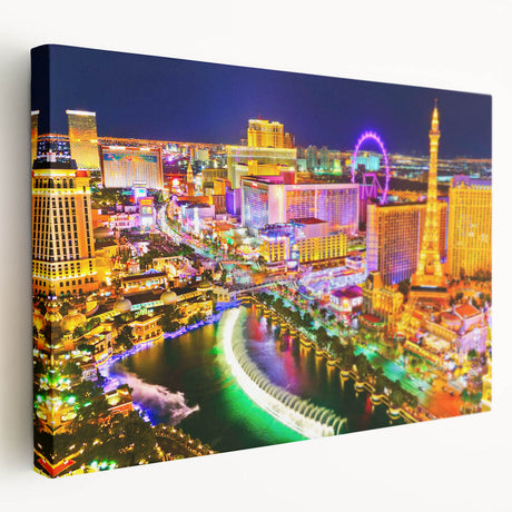 Las Vegas skyline with vibrant neon colors on stretched canvas, suitable for kitchen wall art.