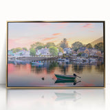 Large art print of a New Hampshire landscape in mid-century modernist style, framed in gold acrylic.