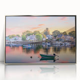 Mid-century modernist art depicting New Hampshire scenery in muted earth tones on a silver-framed acrylic print.