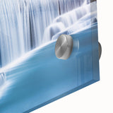 Large abstract wall art featuring vibrant blue and orange hues on acrylic glass, suited for enhancing dining room ambiance.