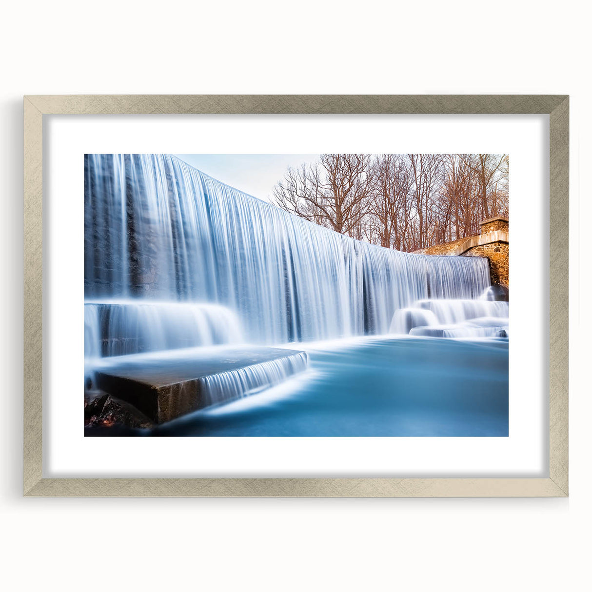Textured abstract art print of New Jersey scenery in muted earth tones, framed with a silver mat, suitable for bedroom decor.