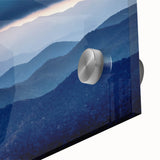 Large abstract depiction of the Blue Ridge in pastel blues and greens on acrylic glass, suitable for dining room art.