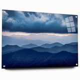 Acrylic print of the Blue Ridge Mountains in muted blue and green tones, suitable for dining room decor.