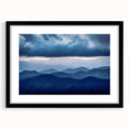 Abstract art print of Blue Ridge scenery in vibrant colors on a large, framed canvas, ideal for living room decor.