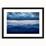 Abstract art print of Blue Ridge scenery in vibrant colors on a large, framed canvas, ideal for living room decor.