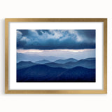 Abstract art print of the Blue Ridge Mountains in muted blue and green tones on a textured, framed canvas.