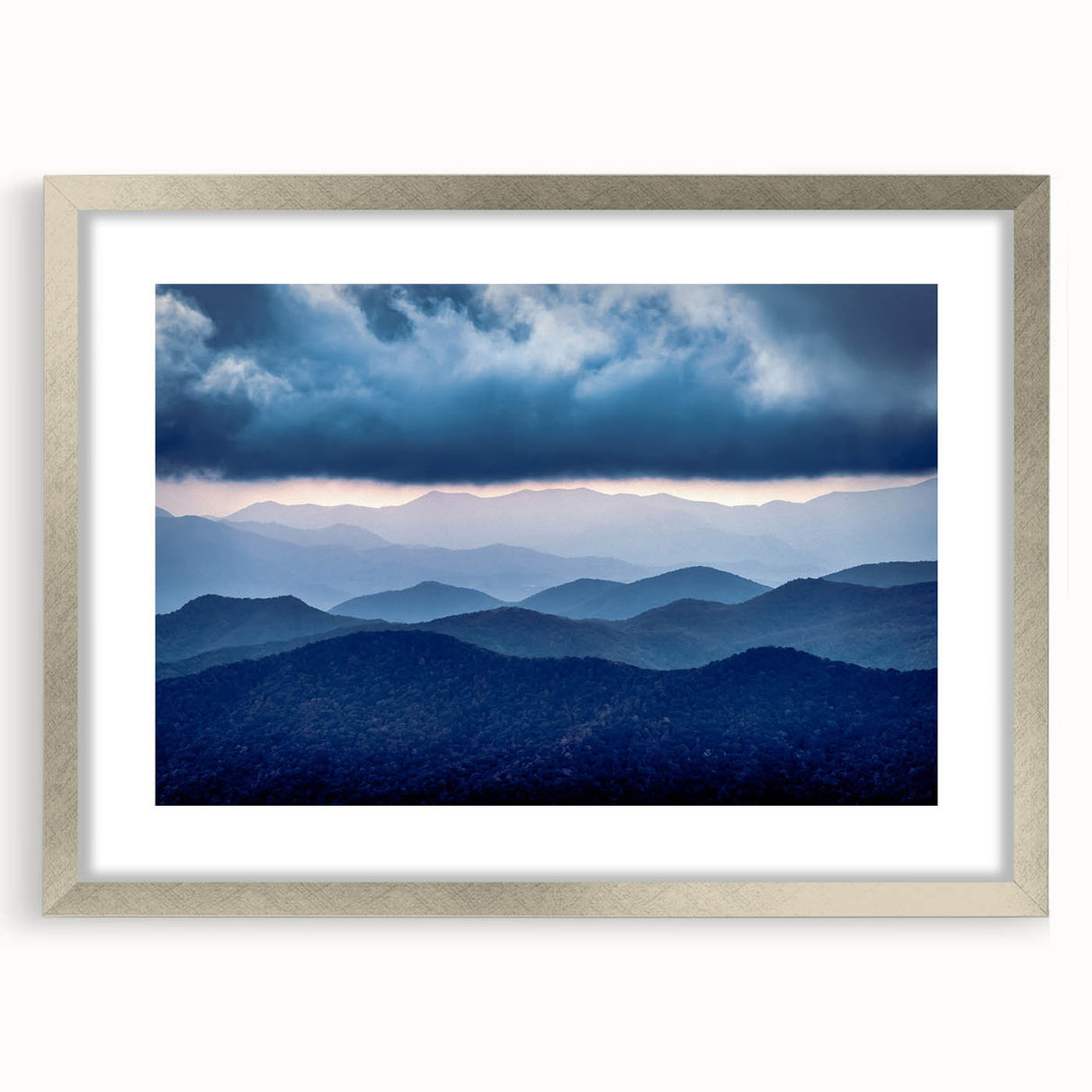 Textured art depicting the Blue Ridge Mountains in muted blue and green tones, framed in silver.