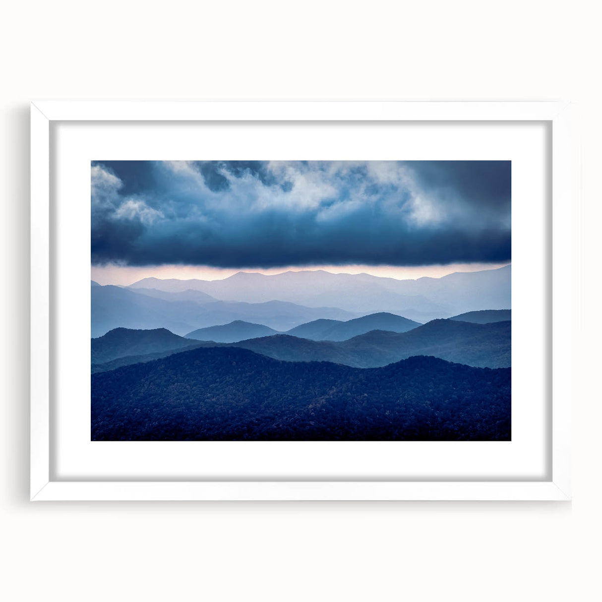 Abstract art print depicting the Blue Ridge Mountains in muted blue and green tones, framed with a white mat.