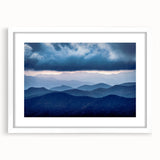 Abstract art print depicting the Blue Ridge Mountains in muted blue and green tones, framed with a white mat.