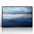 Large abstract wall art depicting the Blue Ridge Mountains in muted blues and greens on a framed acrylic.