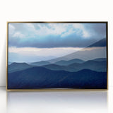 Acrylic print of Blue Ridge Mountains in North Carolina with gold frame, in mid-century modernist style.