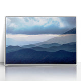 Art deco poster of Blue Ridge, USA with muted blue and green palette, framed in white acrylic.