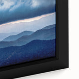 Framed canvas of the Blue Ridge Mountains in textured style with a palette of deep blues and greens.