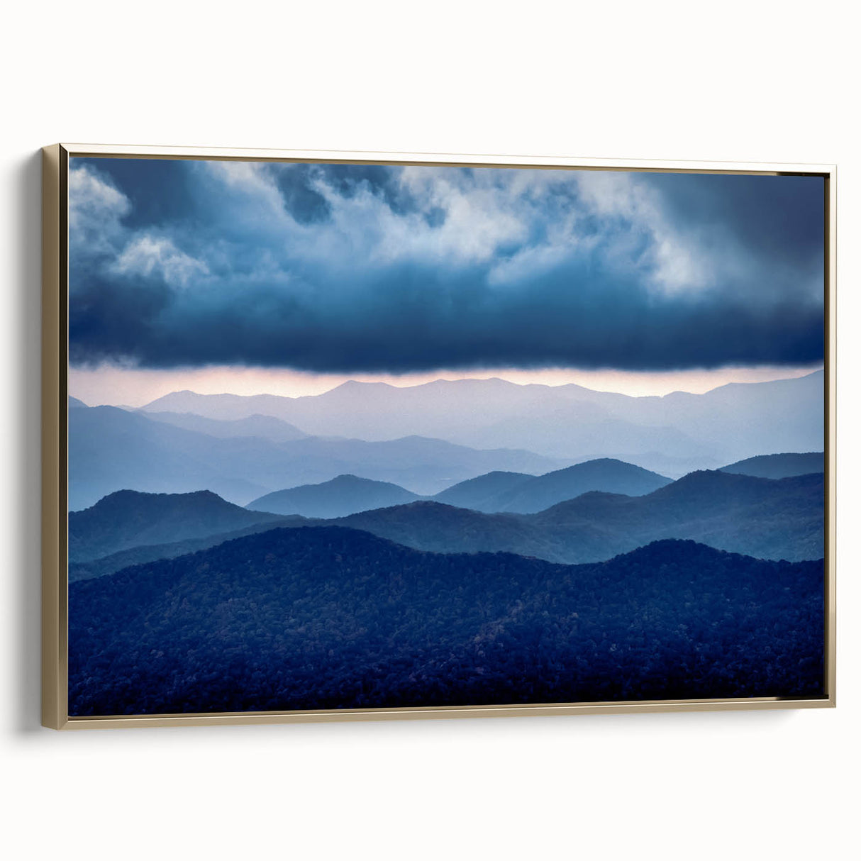 Framed canvas of Blue Ridge Mountains in North Carolina, featuring muted earth tones, ideal for bedroom wall art.